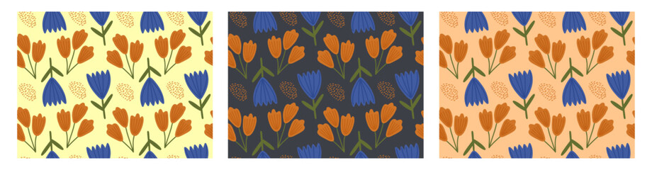 Set of vintage seamless patterns with flowers. Wildflowers - bluebells, cornflowers, thistles, chamomile, geranium, ranunculus, etc.
Stylish print pattern for clothing design, wallpaper and web.