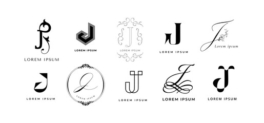 Creative J emblem. Letter j monogram for journal or jewelry brand. Geometric and lettering style template vector icon set