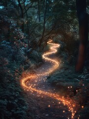 Enchanted forest walkway at dusk, lighted by fireflies creating mystical trails amidst the trees.