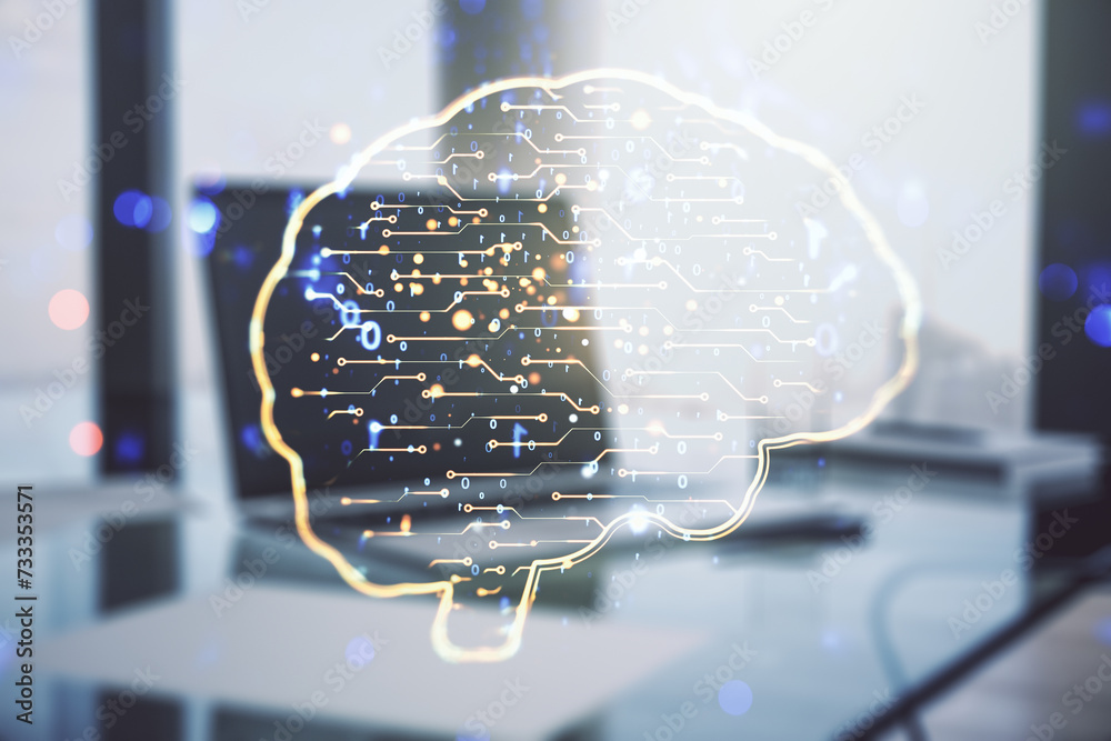 Aufkleber Double exposure of creative artificial Intelligence symbol with modern laptop on background. Neural networks and machine learning concept