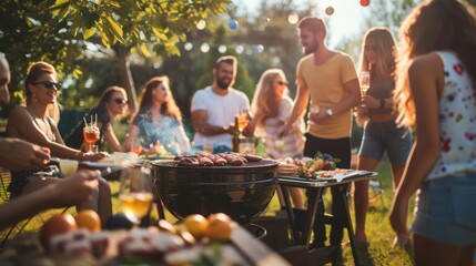 Group of friends having a party outdoors in the garden and barbecue garden grill with beef steaks