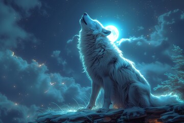 Wolf sitting on the rock howling at the moon at night. 