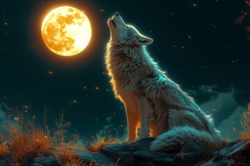 Wolf sitting on the rock howling at the moon at night. 