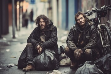Two homeless men sitting in dirty city street - obrazy, fototapety, plakaty