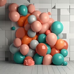 Vibrant Cluster of Balloons in Peach and Turquoise Hues Against Geometric Tiles