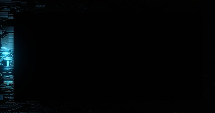 Techno frame with glowing neon beam. Blue circuit with digital boards and chips illuminated by 3d render luminous line moving along perimeter