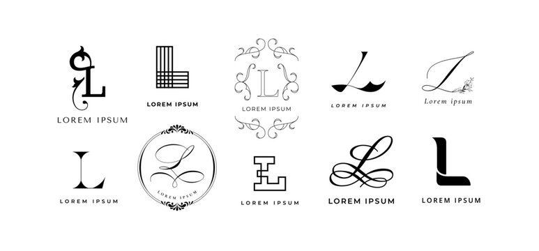 Creative L emblem. Luxury letter l monogram, lettering sign and geometric linear initial branding template vector icon set