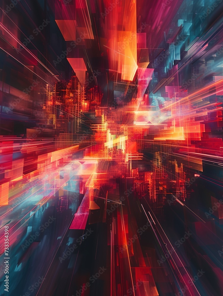 Poster an abstract digital art piece, featuring complex grid of light intersecting in 3d space, creating vi