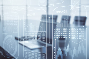 Abstract creative analytics data spreadsheet on modern computer background, analytics and analysis concept. Multiexposure