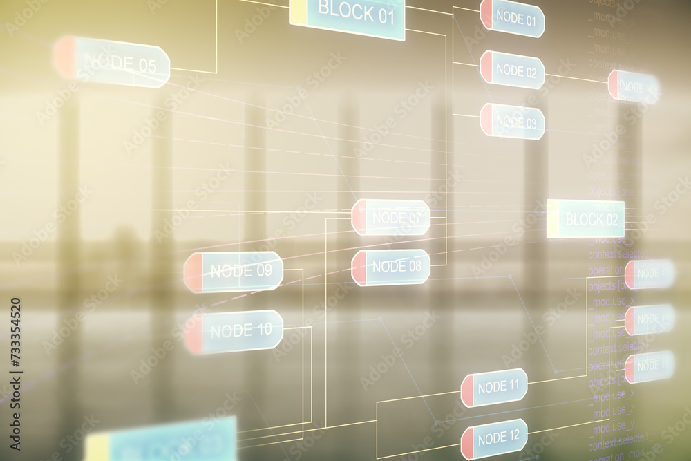 Poster multi exposure of abstract creative coding sketch on empty corporate office background, artificial i