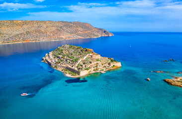 Aerial view of the island of Spinalonga, gulf of Elounda, Crete, Greece.