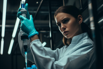 young handsome serious woman sciencist holding a probe with blue liquid looking at it in the lab