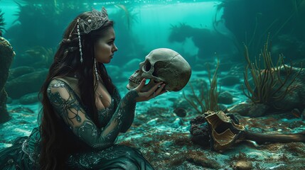 Fantasy magic legendary siren mermaid on sea bottom wallpaper background - obrazy, fototapety, plakaty