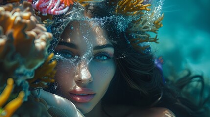 Fantasy magic legendary siren mermaid on sea bottom wallpaper background