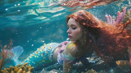 Fantasy magic legendary siren mermaid on sea bottom wallpaper background - obrazy, fototapety, plakaty