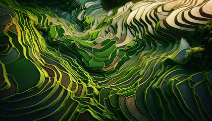 Aerial view of green rice terraces and paddy field farming. Green landscape wallpaper.