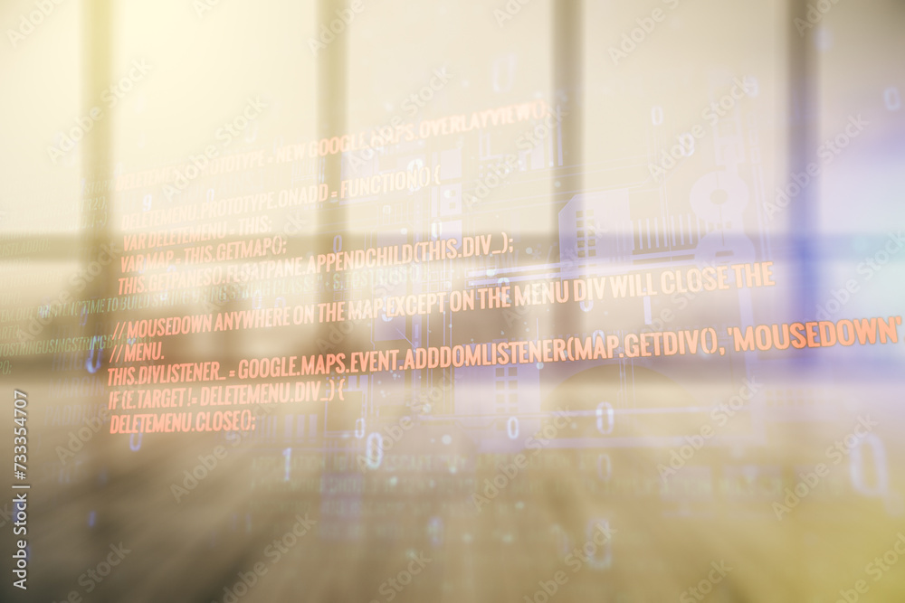 Poster Multi exposure of abstract creative coding sketch on empty corporate office background, artificial intelligence and neural networks concept