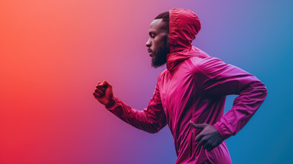 Runner in motion, focused and determined, against a vibrant gradient backdrop.