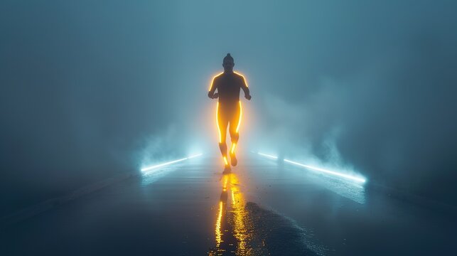 Early morning runner illuminated by LED lights, carving light trails through the fog, a dynamic display.