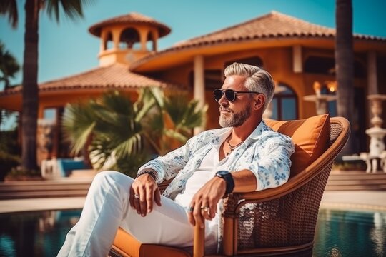 old handsome rich man with young girlfriend relaxing in pool it expensive villa