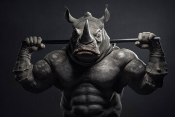 Fototapeta na wymiar Surreal Rhino with Human Muscles Holding Bar