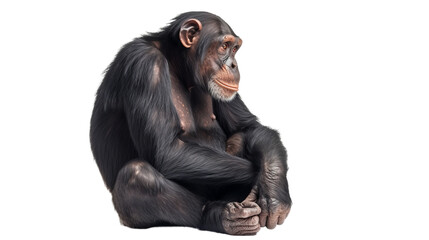 Naklejka premium sitting chimpanzee cutout isolated on white, side view on transparent png background 