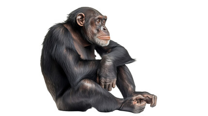 Naklejka premium sitting chimpanzee cutout isolated on white, side view on transparent png background