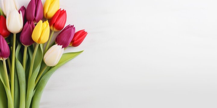 Bouquet of colorful tulip flowers, white wall, copy space