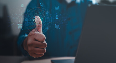fingerprint, security, technology, network, futuristic, interface, innovation, future, control, smart. businessman uses fingerprints to access personal cybersecurity, concept of security technology.