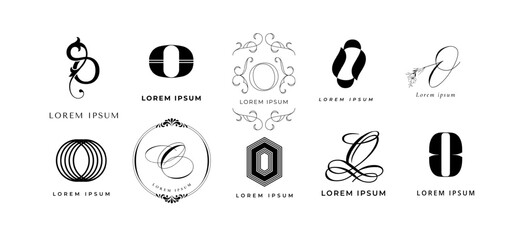 Creative O emblem. Letter o monogram branding template. Circle and oval business name initial vector icon set
