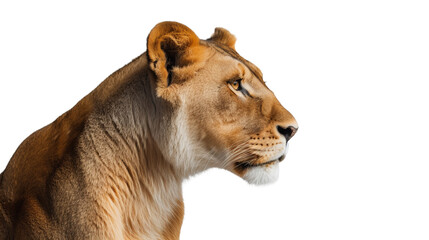 lioness head closeup cutout isolated on white, side view, transparent png background