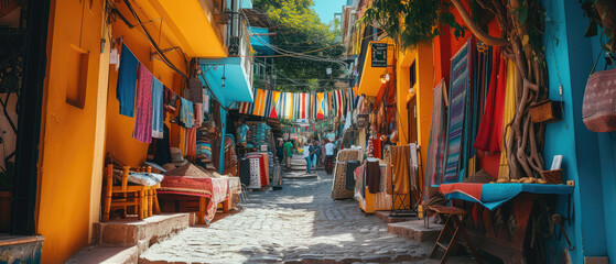 Colorful street bazaar with vibrant textiles and traditional crafts in a bustling Moroccan market.