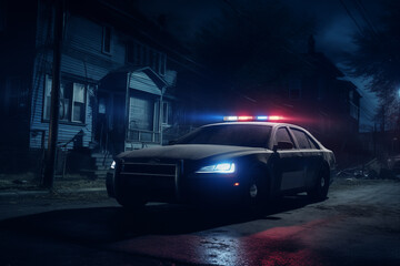 Fototapeta na wymiar Police car patrolling a quiet suburban neighborhood at night. Generative AI