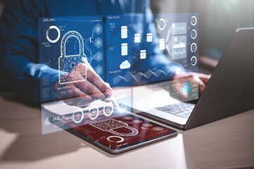 dashboard, security, technology, network, futuristic, interface, innovation, future, control, smart. digital padlock icon, cyber security network and data protection technology on dashboard HUD.