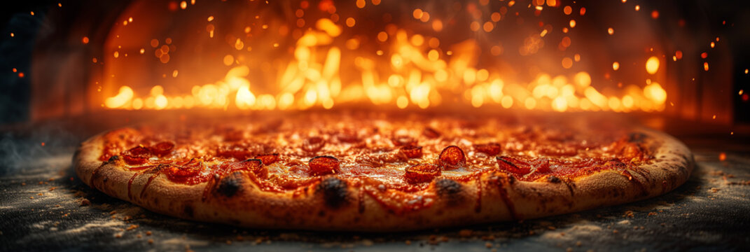 Leckere Pizza mit sch&ouml;ner Kruste am Feuer als Foodfotografie in Nahaufnahme im Querformat f&uuml;r Banner