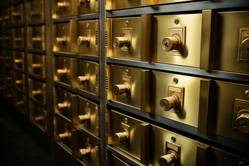 Bank vault with rows of safe deposit boxes inside. Generative AI