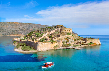 Aerial view of the island of Spinalonga, gulf of Elounda, Crete, Greece.