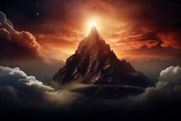 Mountain peak, believed to be the realm of celestial beings and the gateway to the heavens. Generative AI