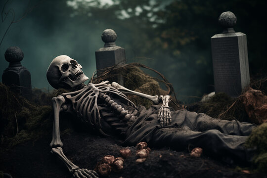 Halloween night. Skeleton lying in a graveyard, with weathered tombstones and eerie atmosphere. Generative AI