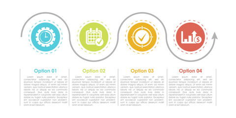 Business infographics template with 4 elements, steps, options, parts or processes. Isolated on white background.