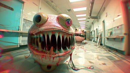 a hospital with a grotesque pastel colors creature with teeth that looks like monsters - obrazy, fototapety, plakaty
