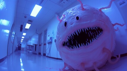 a hospital with a grotesque pastel colors creature with teeth that looks like monsters