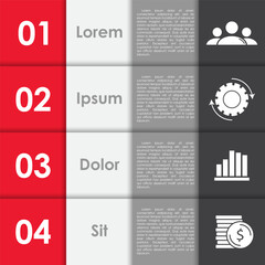 Business infographics template with 4 elements, steps, options, parts or processes. Isolated on white background.
