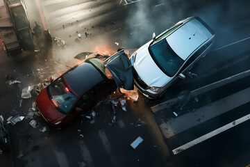 Two cars colliding at an intersection, with deployed airbags and visible damage. Generative AI