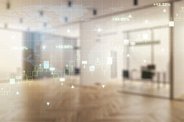 Double exposure of abstract creative financial chart hologram and world map on modern corporate...