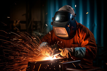 Welder wearing a welding helmet and gloves, holding a welding torch, with sparks flying. Generative AI