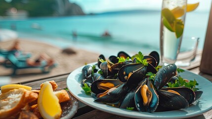 Restaurant dinner with mussels dish and champagne glass on sea resort wallpaper background
