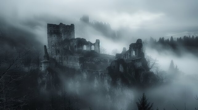 old ruined castle was covered with a mysterious fog 
