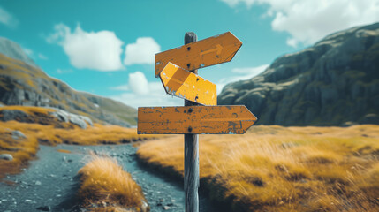 Directional Signpost in Remote Landscape Under Blue Sky