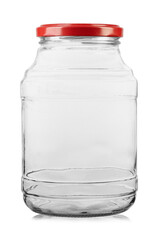 Empty glass jar with a screw cap for food and canned food. Isolated on white background.